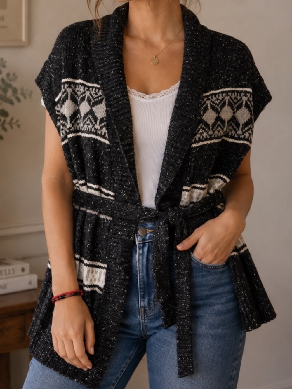 Denver Hayes Sleeveless Cardigan Womens Size 2X Gray Southwestern Chunky